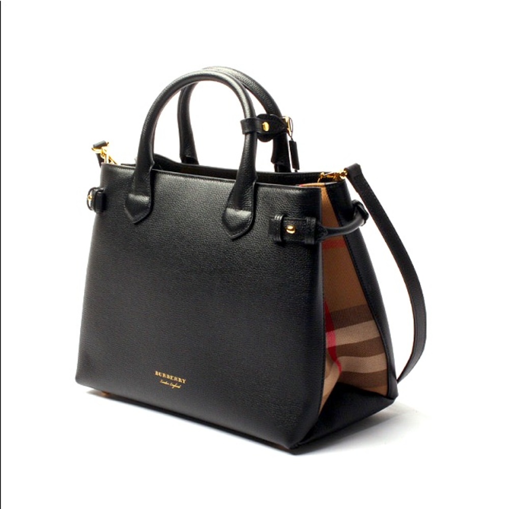 Burberry Medium Banner House Check Derby Black Leather Tote